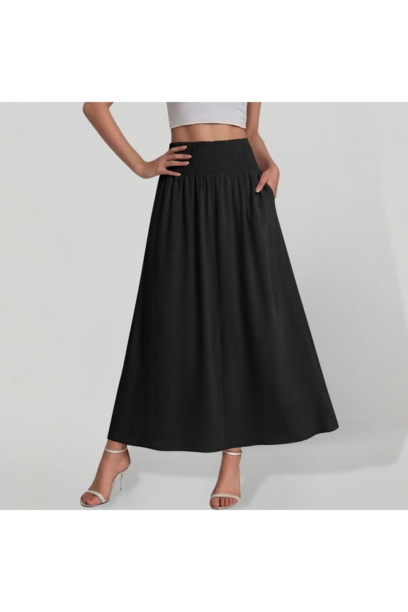 Women's High Waist Solid A Line Flowy Maxi Skirt with Pockets,Casual Summer Long Swing Skirt Black,Women's Plus L