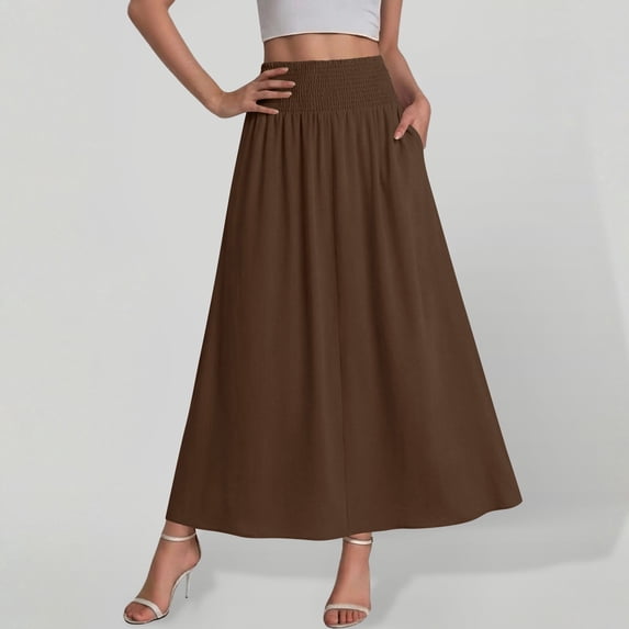 Binmer Women's High Waist Solid A Line Flowy Maxi Skirt with Pockets,Casual Summer Long Swing Skirt Brown,Women's Plus S