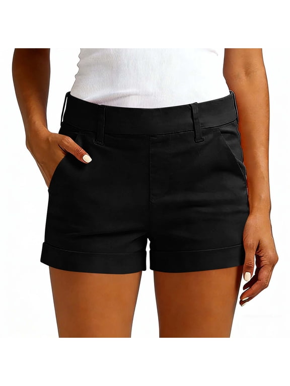 Women's High Waist Stretch Shorts,Casual Rolled Hem Shorts with Pockets Black,Women's Plus L