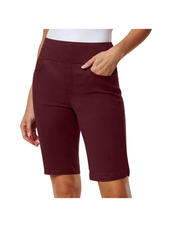 Women's High Waist Stretch Twill Bermuda Shorts,Casual Summer Hiking and Outdoor Short with Pockets Wine,Women's Plus L