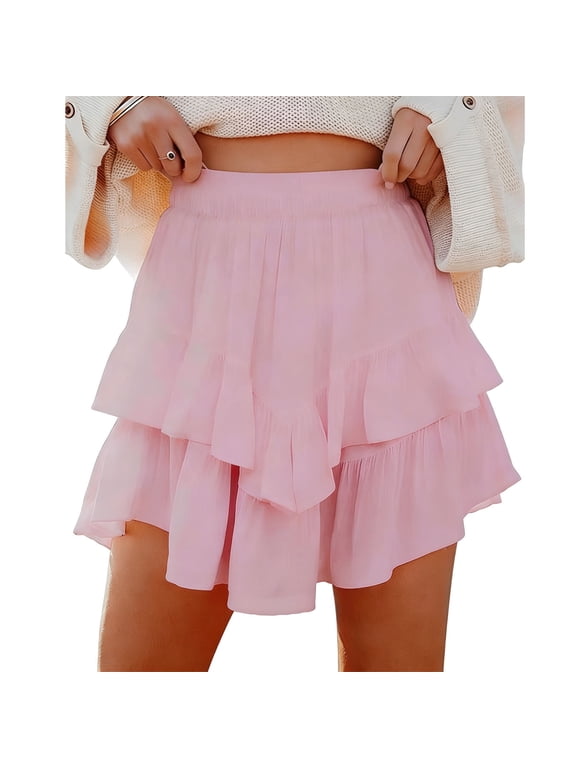 Women's High Waist Tiered Ruffle A Line Mini Skirt,Casual Summer Flowy Skirt Pink,Women's Plus L