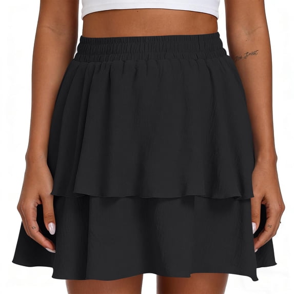 Binmer Women's High Waist Tiered Ruffle Flowy A Line Mini Skirt,Casual Summer Swing Skirt Black,Women's Plus L