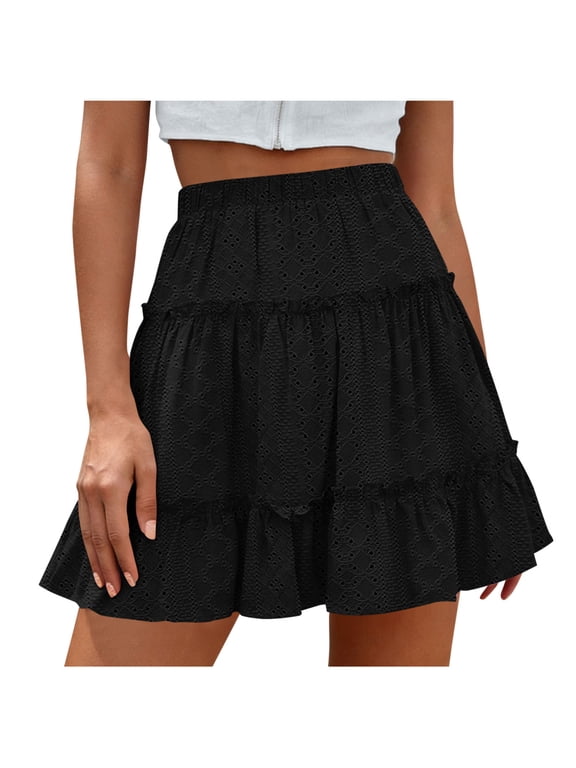 Women's High Waist Tiered Ruffle Flowy A Line Mini Skirt,Casual Summer Swing Skirt Black,Women's Plus S