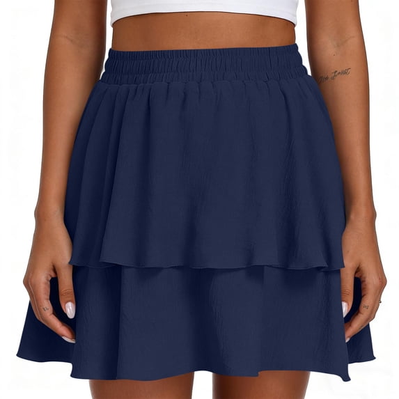 Binmer Women's High Waist Tiered Ruffle Flowy A Line Mini Skirt,Casual Summer Swing Skirt Navy,Women's Plus XL