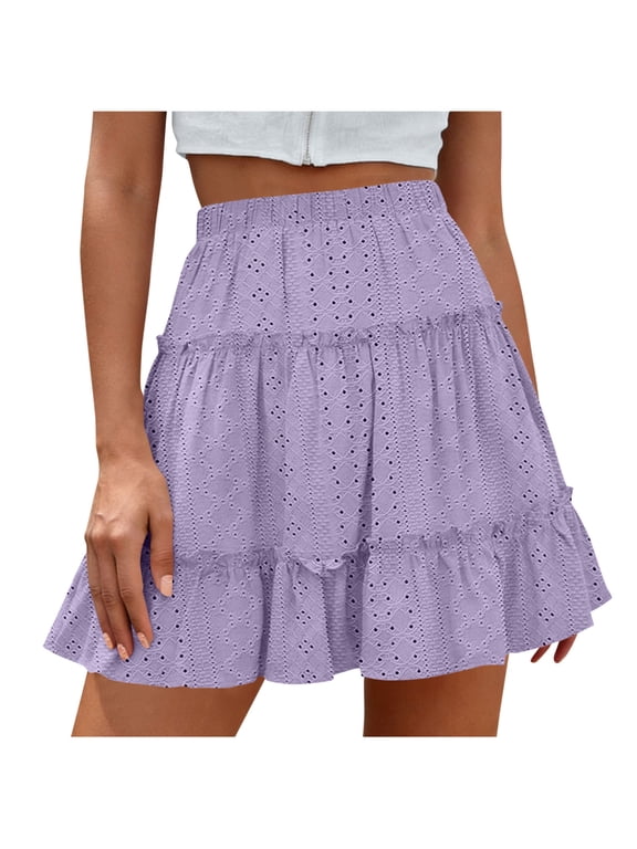 Women's High Waist Tiered Ruffle Flowy A Line Mini Skirt,Casual Summer Swing Skirt Purple,Women's Plus XL
