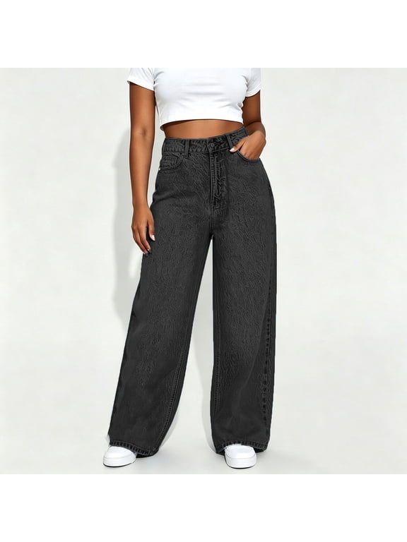 Women's High Waist Wide Leg Denim Pant,Casual Loose Jeans Pant Gray,Women's Plus S