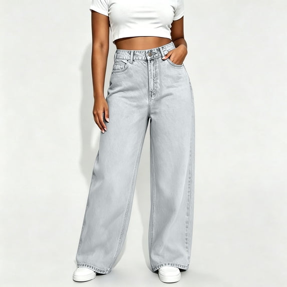 Binmer Women's High Waist Wide Leg Denim Pant,Casual Loose Jeans Pant Light Blue,Women's Plus L
