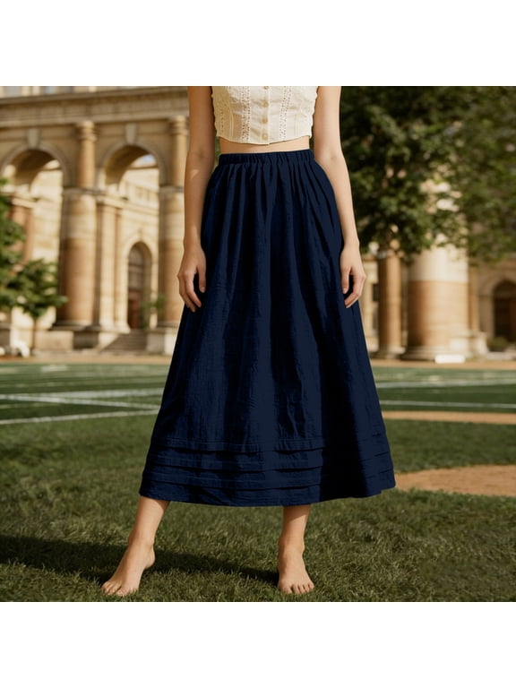 Women's High Waisted A Line Midi Skirt,Casual Loose Lightweight Summer Skirt Navy,Women's Plus XXL