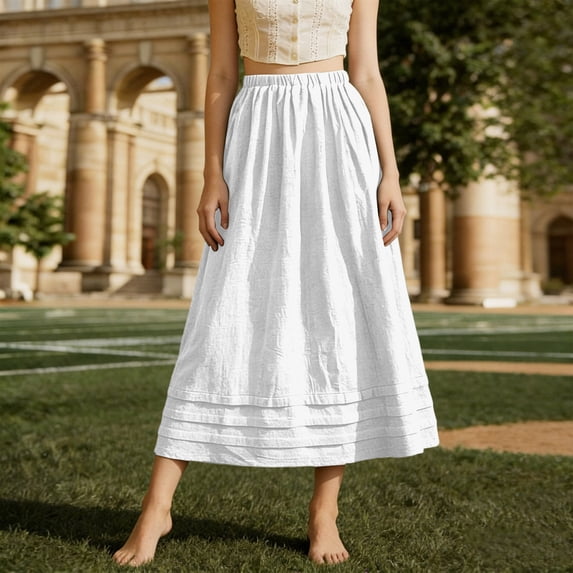 Binmer Women's High Waisted A Line Midi Skirt,Casual Loose Lightweight Summer Skirt White,Women's Plus S