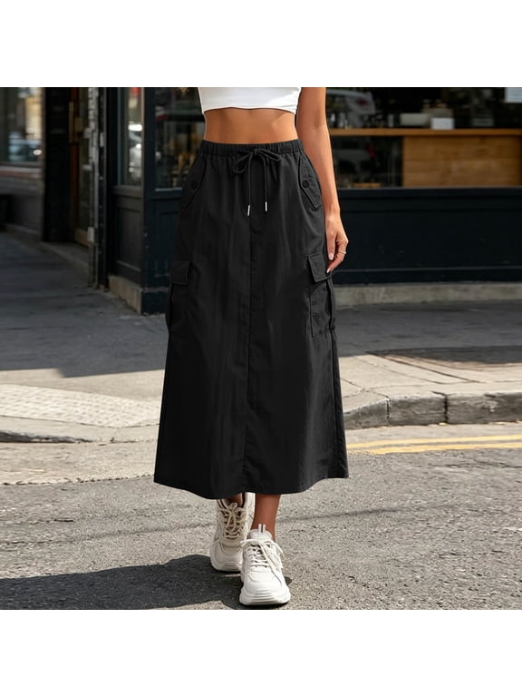 Women's High Waisted Cargo Midi Skirt,Elastic Waist Casual Skirt with Pockets Black,Women's Plus XXL