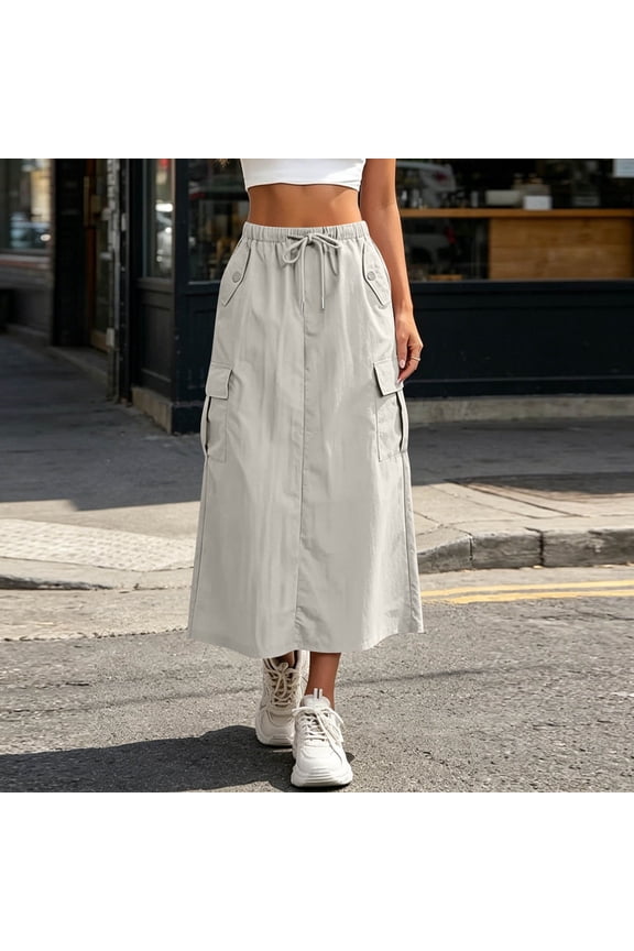 Women's High Waisted Cargo Midi Skirt,Elastic Waist Casual Skirt with Pockets Gray,Women's Plus XXL