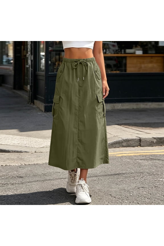 Women's High Waisted Cargo Midi Skirt,Elastic Waist Casual Skirt with Pockets a-Army Green,Women's Plus S