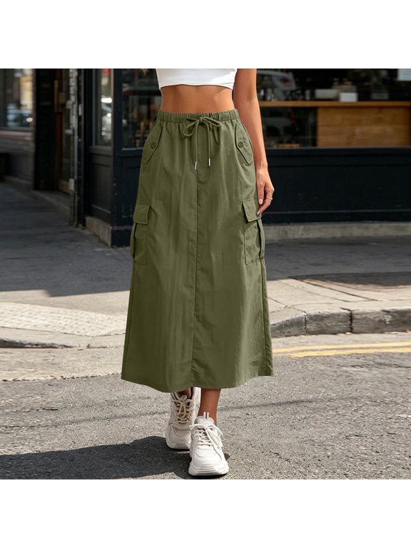 Women's High Waisted Cargo Midi Skirt,Elastic Waist Casual Skirt with Pockets a-Army Green,Women's Plus XXL