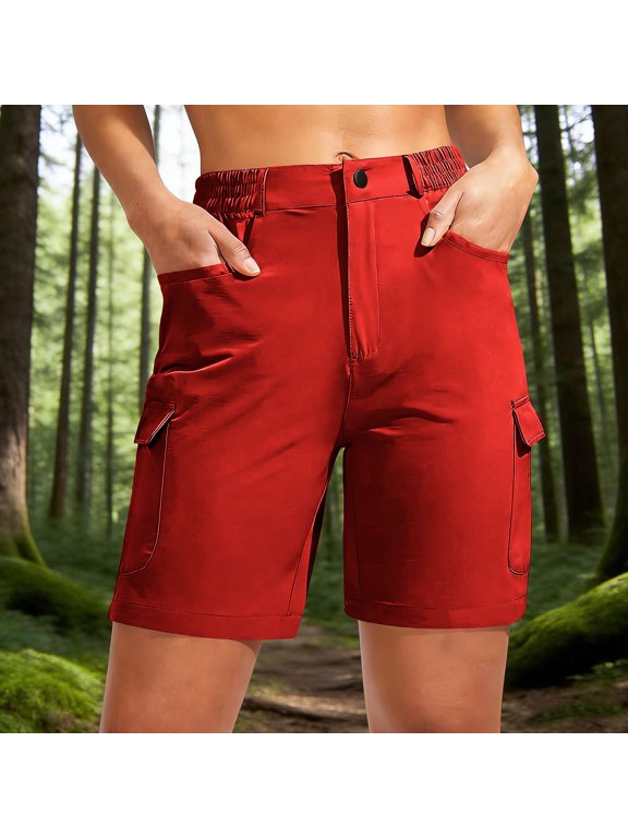 Women's High Waisted Cargo Shorts, Casual Active Shorts with Pockets Red,Women's Plus M