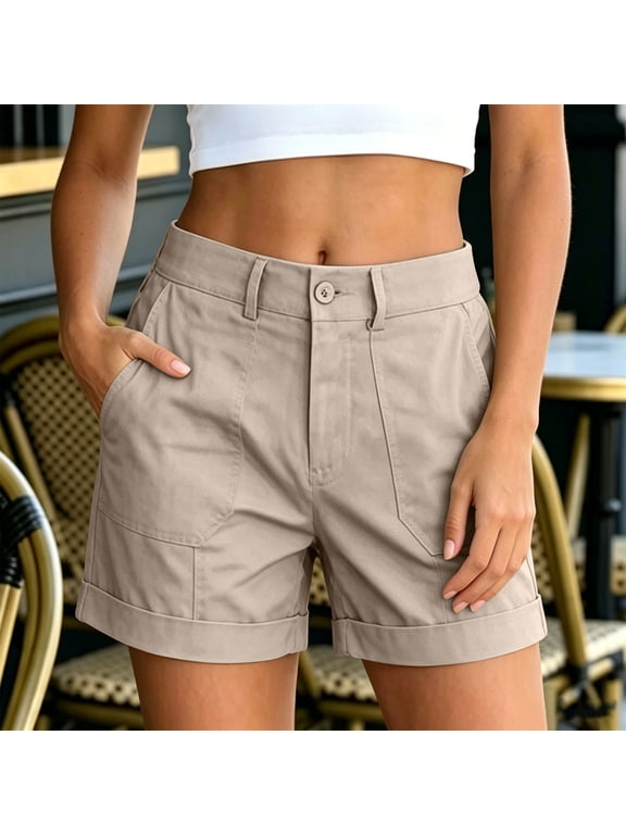 Women's High Waisted Cargo Shorts ,Solid Color Casual Summer Work Bottoms Beige,Women's Plus L