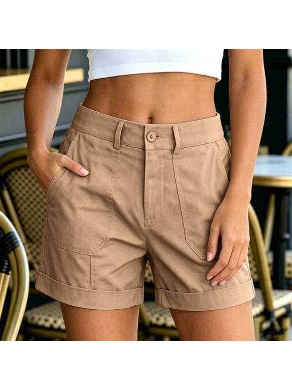 Women's High Waisted Cargo Shorts ,Solid Color Casual Summer Work Bottoms Khaki,Women's Plus L