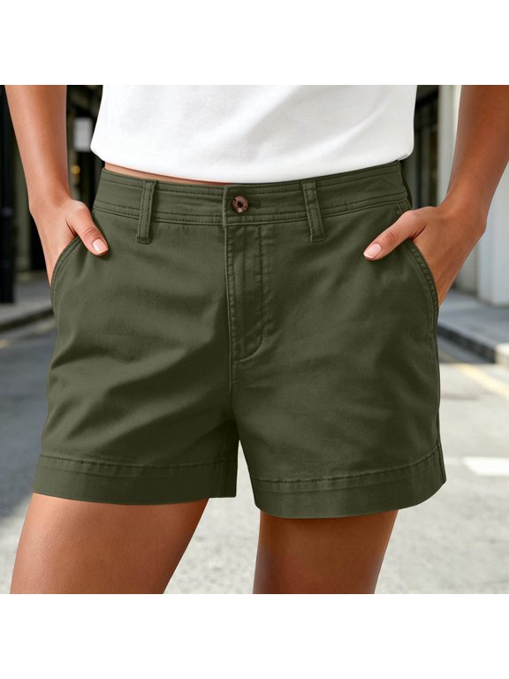 Women's High Waisted Casual Shorts, Elastic Waist Shorts with Pockets Army Green,Women's Plus M
