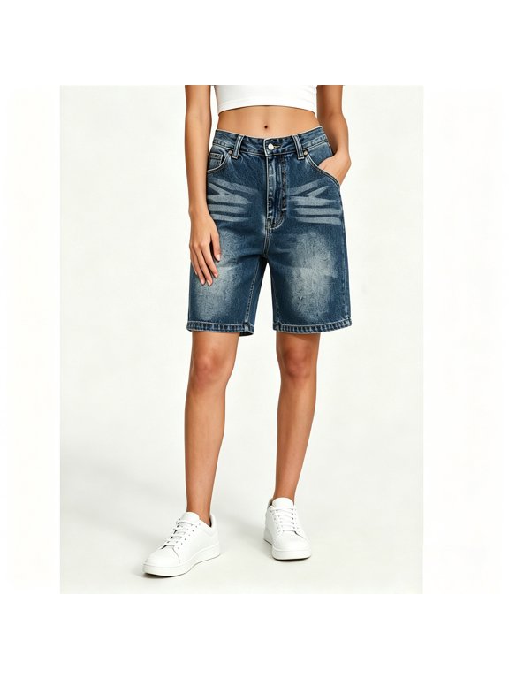 Women’s High-Waisted Denim Bermuda Shorts, Classic Baggy Denim Shorts with Pockets, Womens and Women's Blue,Size S-3XL