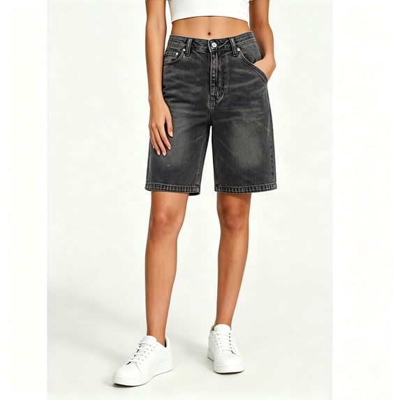 Binmer Women’s High-Waisted Denim Bermuda Shorts, Classic Baggy Denim Shorts with Pockets, Womens and Women's Dark Gray,Size S-3XL