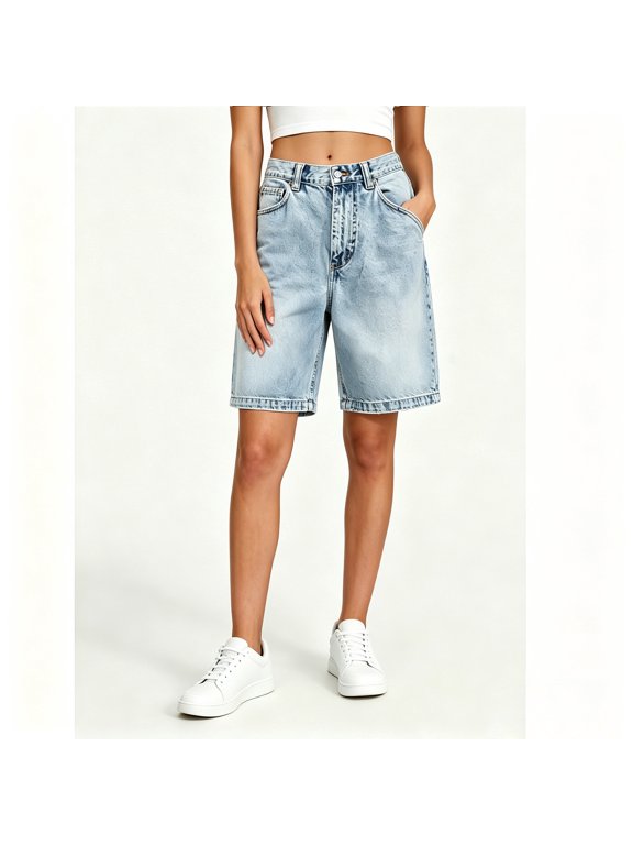 Women’s High-Waisted Denim Bermuda Shorts, Classic Baggy Denim Shorts with Pockets, Womens and Women's Light Blue,Size S-3XL