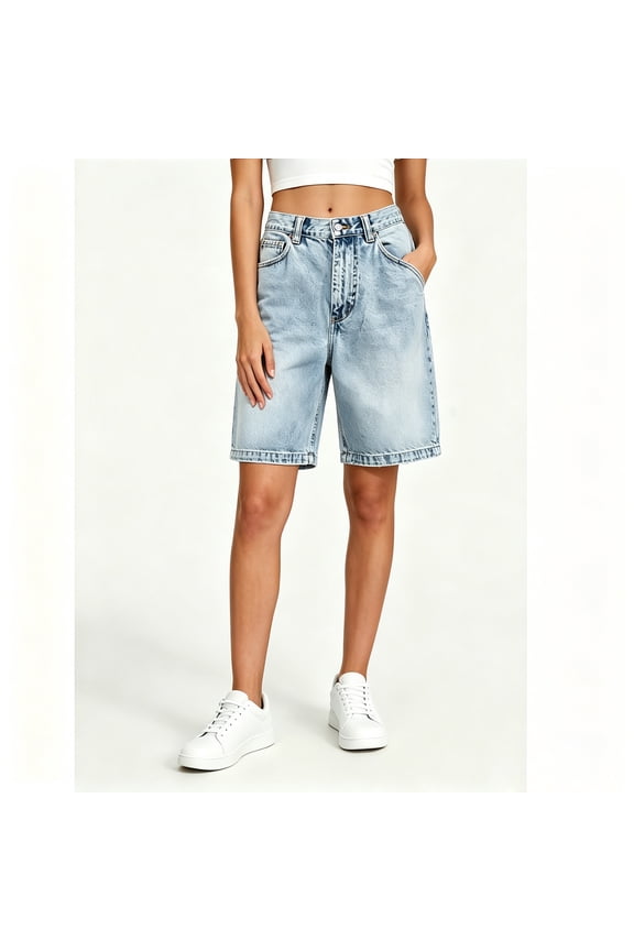 Women’s High-Waisted Denim Bermuda Shorts, Classic Baggy Denim Shorts with Pockets, Womens and Women's Light Blue,Size S-3XL