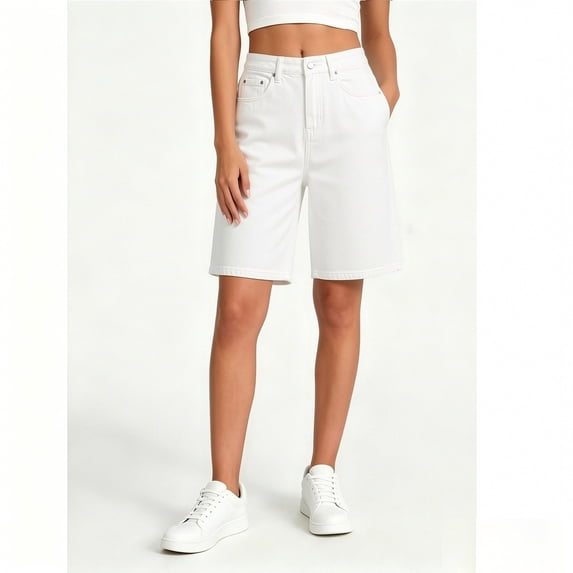 Binmer Women’s High-Waisted Denim Bermuda Shorts, Classic Baggy Denim Shorts with Pockets, Womens and Women's White,Size S-3XL