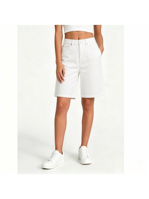 Women’s High-Waisted Denim Bermuda Shorts, Classic Baggy Denim Shorts with Pockets, Womens and Women's White,Size S-3XL