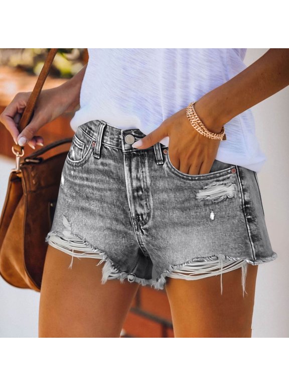 Women's High Waisted Distressed Denim Shorts,Casual Frayed Hem Jean Shorts with Pockets Gray,Women's Plus XXL