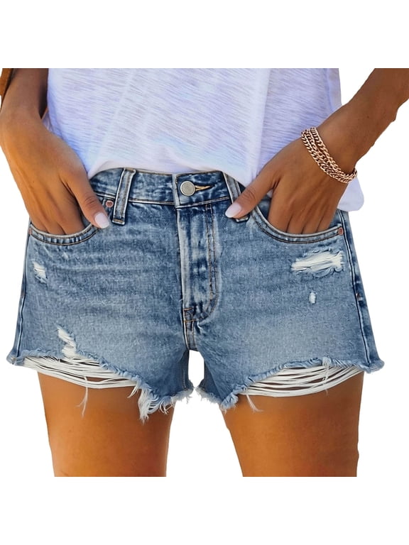 Women's High Waisted Distressed Jeans Short with Frayed Hem ,Casual Summer Denim Shorts with Pockets Blue,Women's Plus L