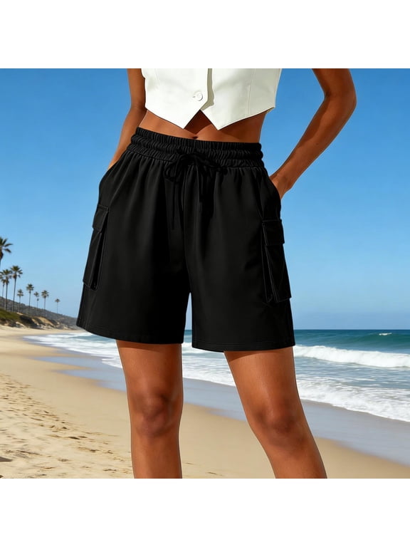 Women's High Waisted Drawstring Cargo Shorts,Lightweight Casual Summer Shorts with Pockets Black,Women's Plus XXL
