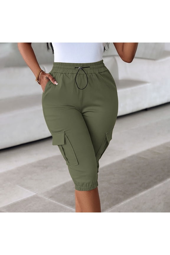 Women's High Waisted Drawstring Elastic Waist Cargo Capri Pants with Pockets ,Casual Cropped Trousers Army Green,Women's Plus XXL