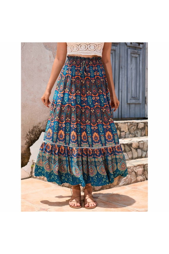 Women's High Waisted Floral Printed A Line Chiffon Midi Skirt,Casual Summer Skirt Blue,Women's Plus S