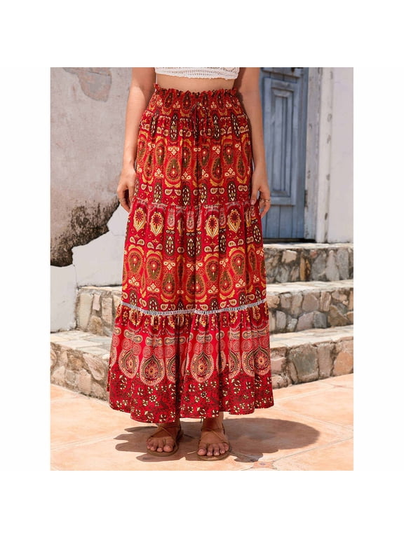 Women's High Waisted Floral Printed A Line Chiffon Midi Skirt,Casual Summer Skirt Red,Women's Plus L