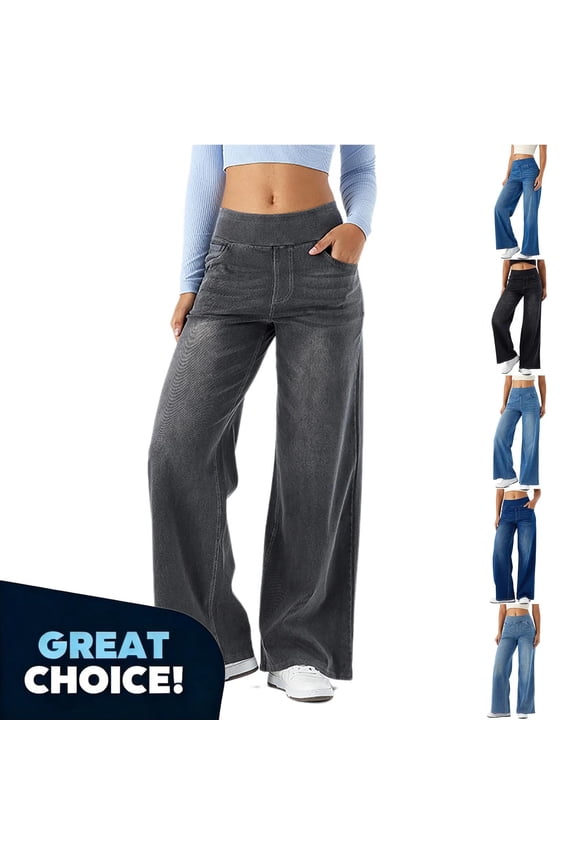 No Boundarie Women's High Waisted Jeans with Pockets, Womens Wide Leg Stretchy Baggy Pants, Women's Plus Blue,Size M