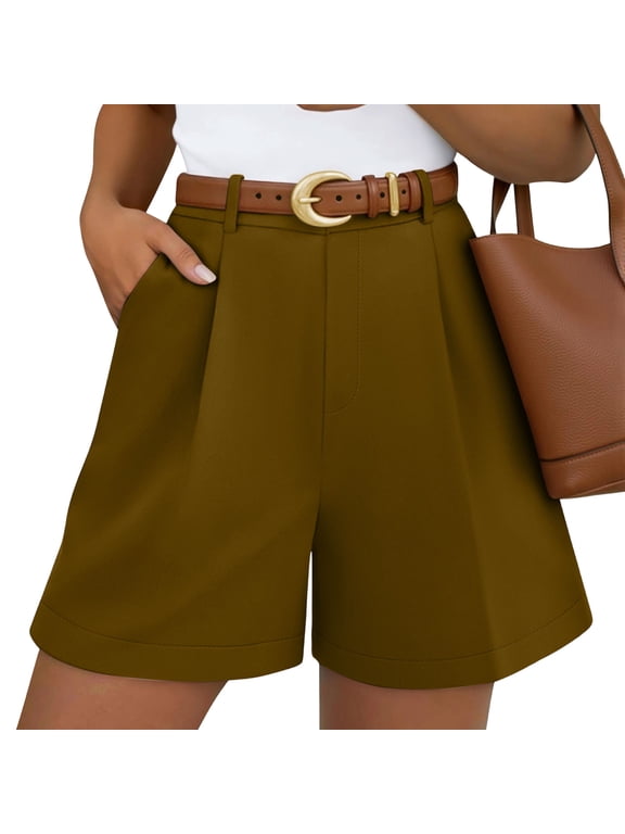 Women's High Waisted Pleated Wide Leg Dress Shorts with Belt,Business Casual Office Short with Pockets Brown,Women's Plus L