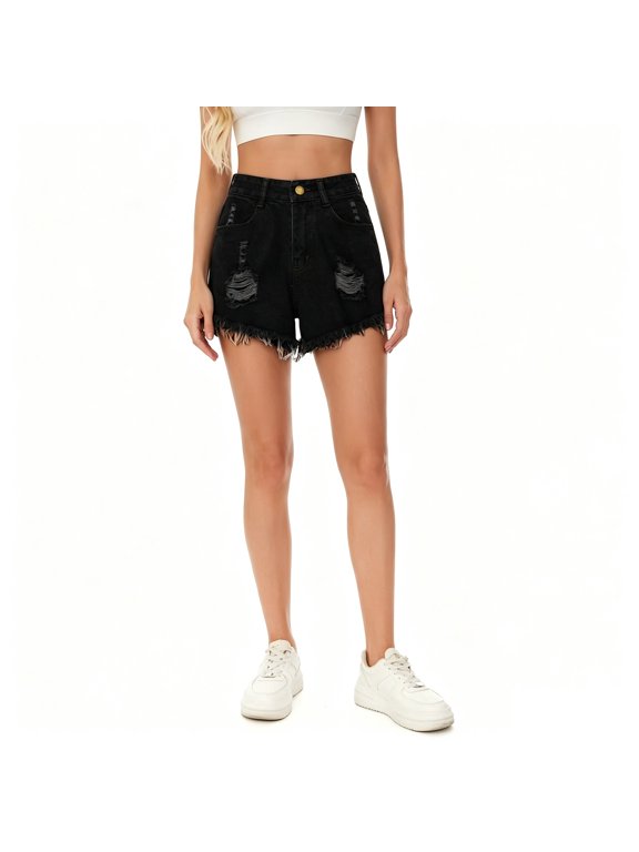 Women’s High-Waisted Ripped Denim Shorts, Womens and Women's Black,Size S-5XL