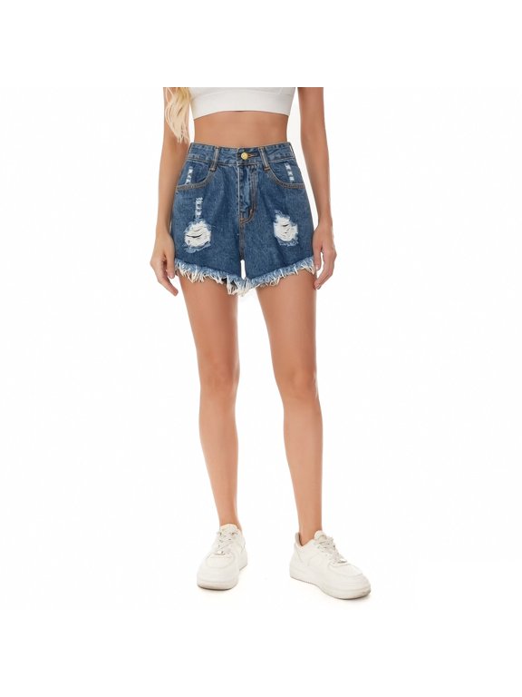 Women’s High-Waisted Ripped Denim Shorts, Womens and Women's Dark Blue,Size S-5XL