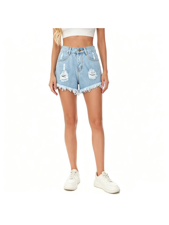 Women’s High-Waisted Ripped Denim Shorts, Womens and Women's Light Blue,Size S-5XL