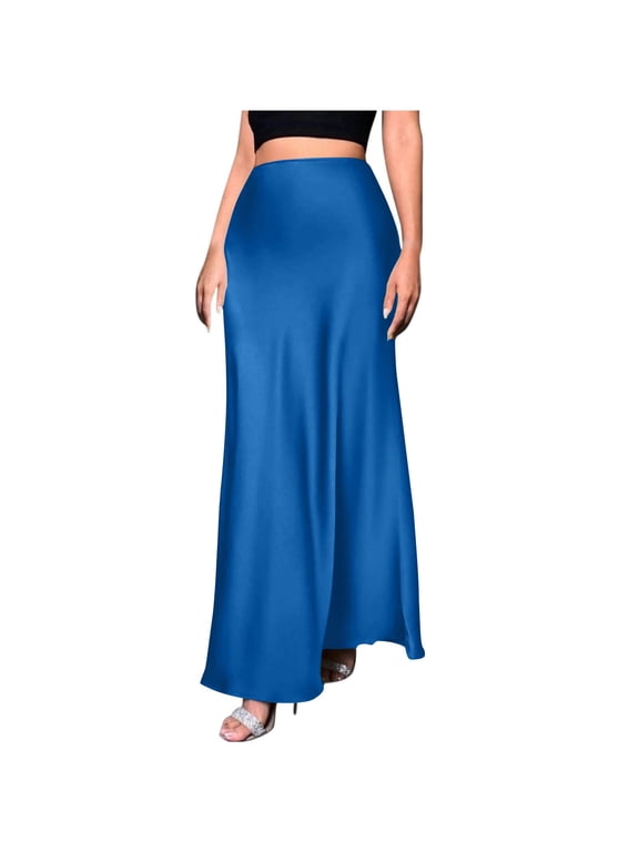 Women's High Waisted Satin Mermaid Maxi Skirt,Elegant Bodycon Skirt Blue,Women's Plus M