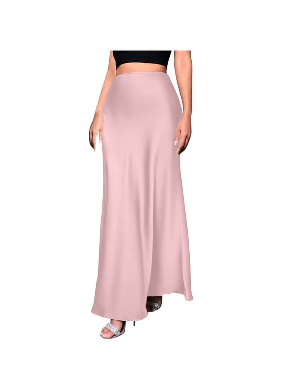 Women's High Waisted Satin Mermaid Maxi Skirt,Elegant Bodycon Skirt Pink,Women's Plus XS