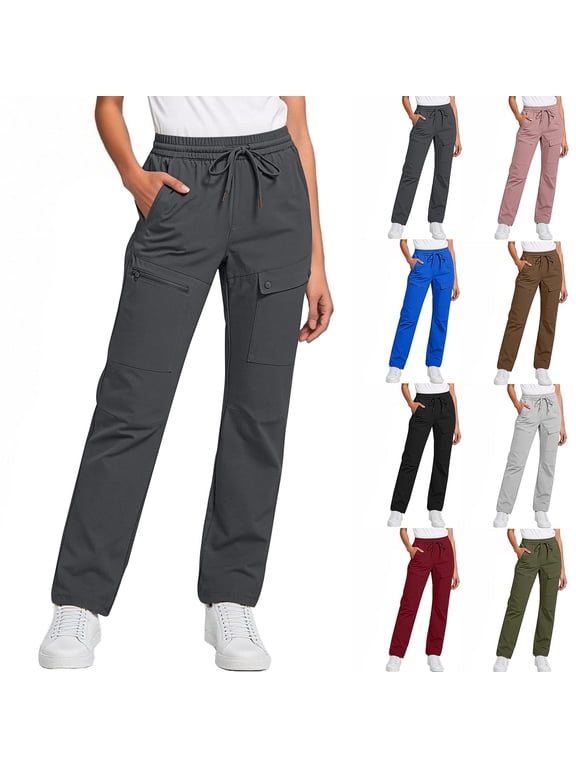 Women's High Waisted Straight Leg Cargo Pants with Pockets,Drawstring Casual Loose Jogger Pants Gray,Womens Plus M