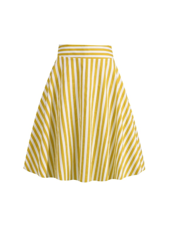 Women's High Waisted Striped Pleated A Line Skirt,Casual Flared Skirt Yellow,Women's Plus XXL