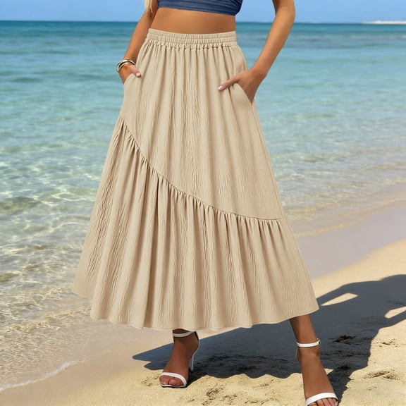 Binmer Women's High Waisted Tiered Midi Skirt,Casual Elastic Waist Flowy Skirt with Pockets Beige,Women's Plus L