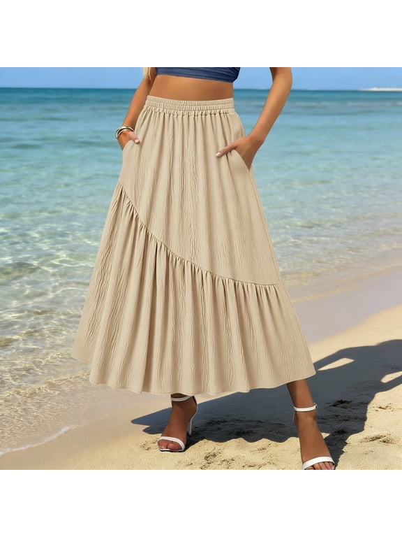 Women's High Waisted Tiered Midi Skirt,Casual Elastic Waist Flowy Skirt with Pockets Beige,Women's Plus L