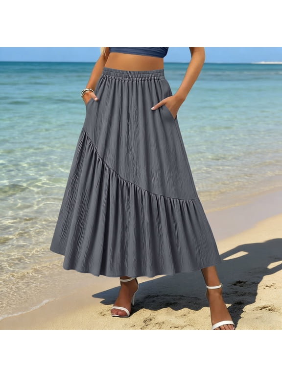 Women's High Waisted Tiered Midi Skirt,Casual Elastic Waist Flowy Skirt with Pockets Gray,Women's Plus XXL