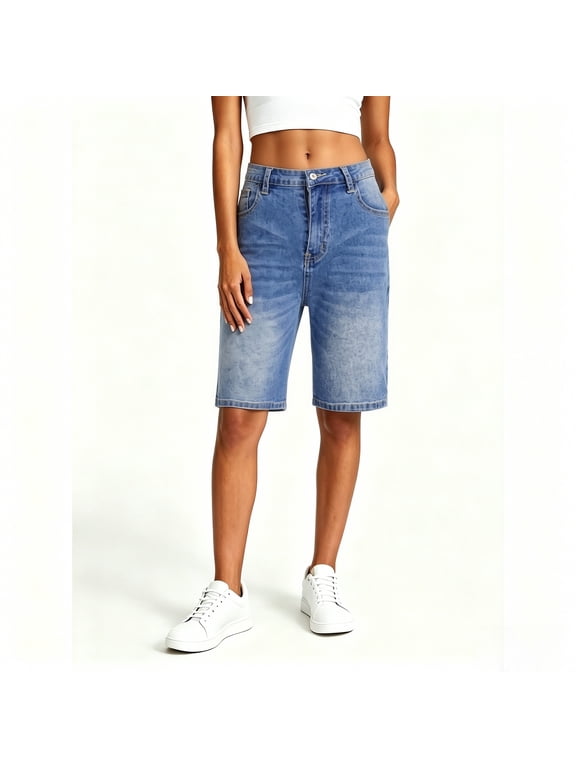 Women’s High-Waisted Washed Denim Bermuda Shorts, Womens and Women's Dark Blue,Size S-2XL