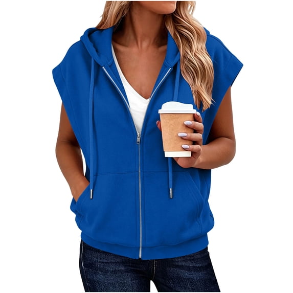 ClodeEU Women's Hooded Sleeveless Zip Up Vest,Casual Loose Waistcoat with Pocket Blue,Women's Plus M