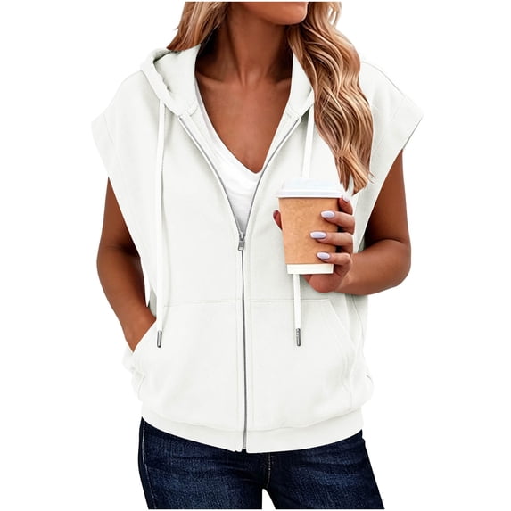 ClodeEU Women's Hooded Sleeveless Zip Up Vest,Casual Loose Waistcoat with Pocket White,Women's Plus XXXL
