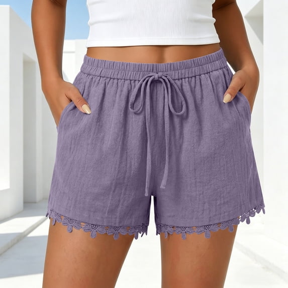 Binmer Women's Lace Hem Linen Blend Shorts, Elastic High Waist Drawstring Shorts with Pockets Purple,Women's Plus L