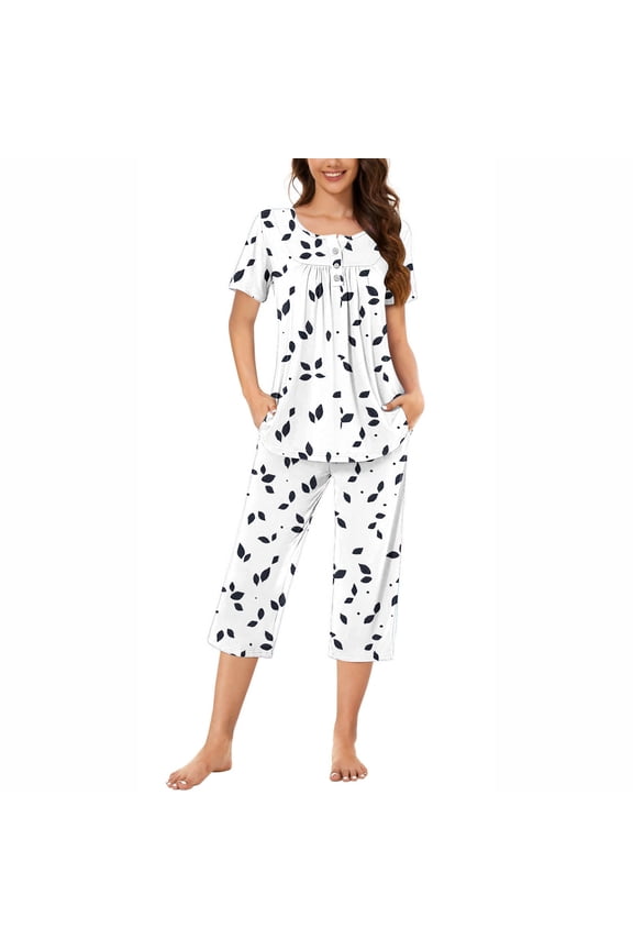 Women's Leaf Print Button Front Pleated Crewneck Short Sleeve Top and Capri Pants Pajama Set ,Casual Cozy Sleepwear Black,Women's Plus L